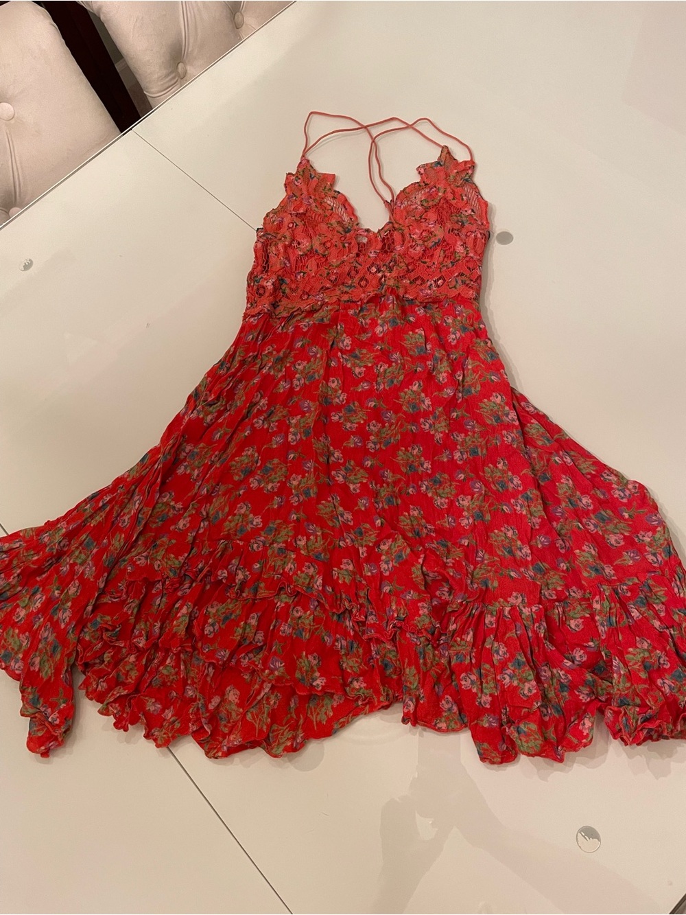 Free People Red Floral Lace-Trim Slip Dress